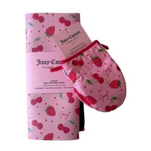 4pc Juicy Couture Cherry & Strawberry Dish Drying Mat Oven Mitt Set Pink Red NEW